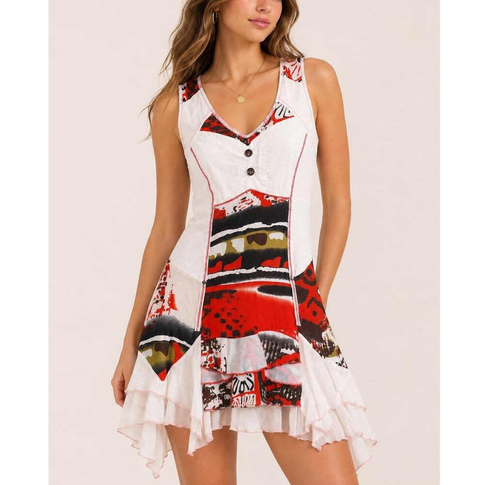 C'Fait Pour Vous Paris Womens Patchwork Ruffle Dress Size 2 Art to Wear Retro